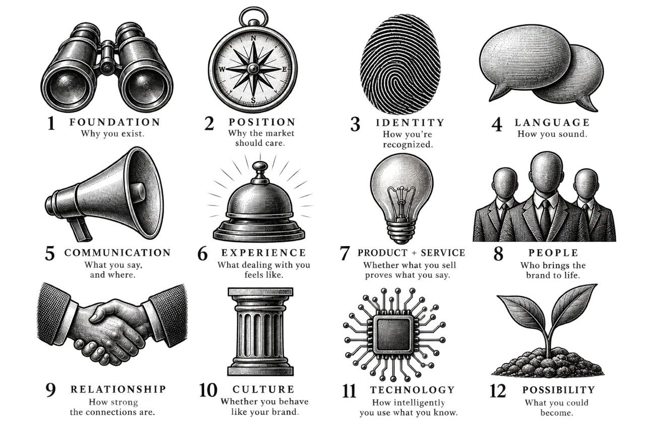The twelve lenses, each with its engraving: Foundation, Position, Identity, Language, Communication, Experience, Product + Service, People, Relationship, Culture, Technology, Possibility