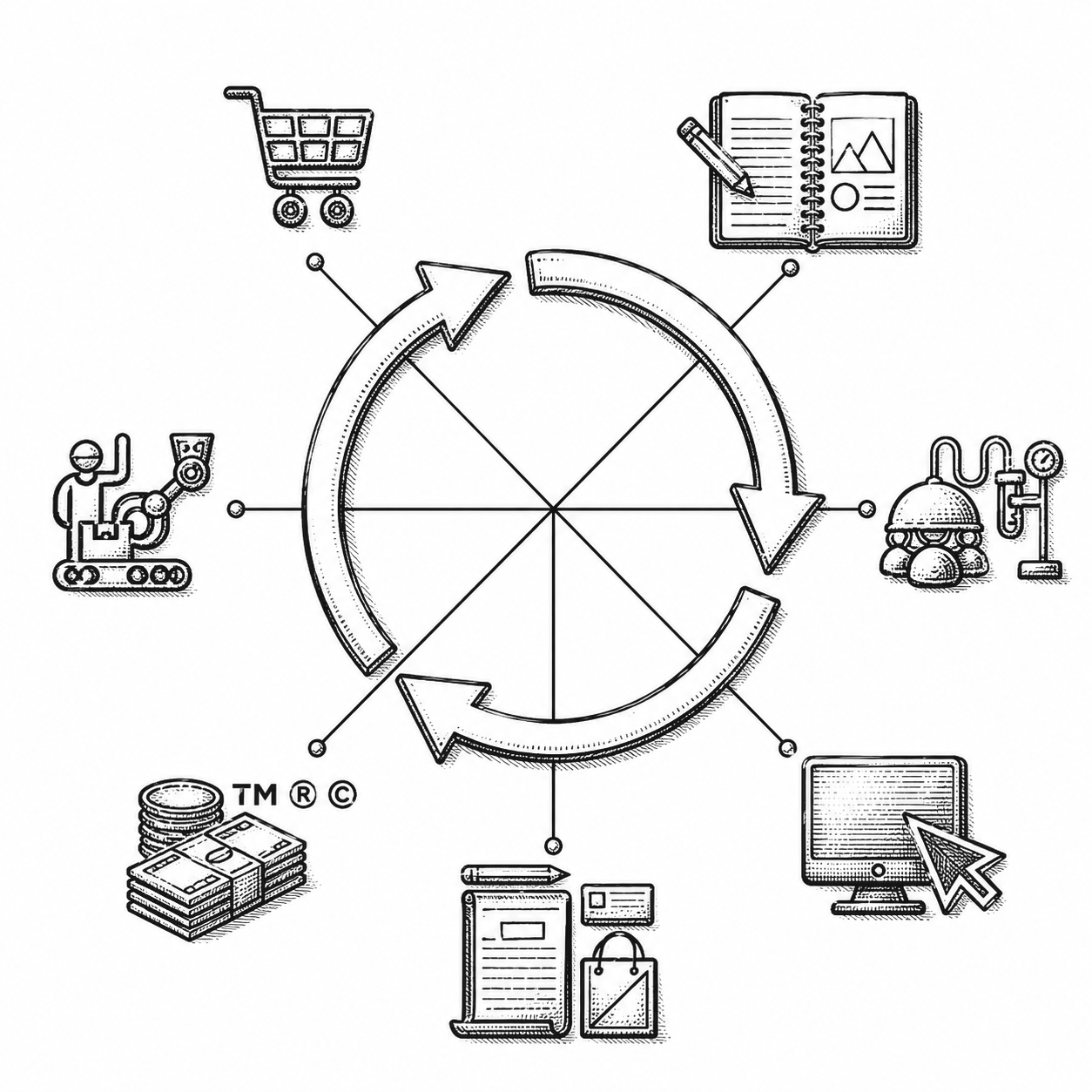 The brand cycle, seven stages around a circular arrow: notebook, research, digital, packaging, money and trademarks, manufacturing, retail
