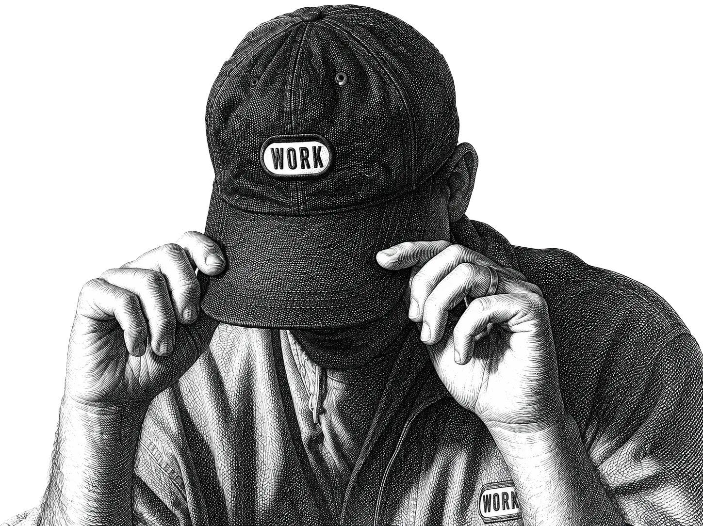 A figure in a WORK cap, pulling the brim down over their eyes
