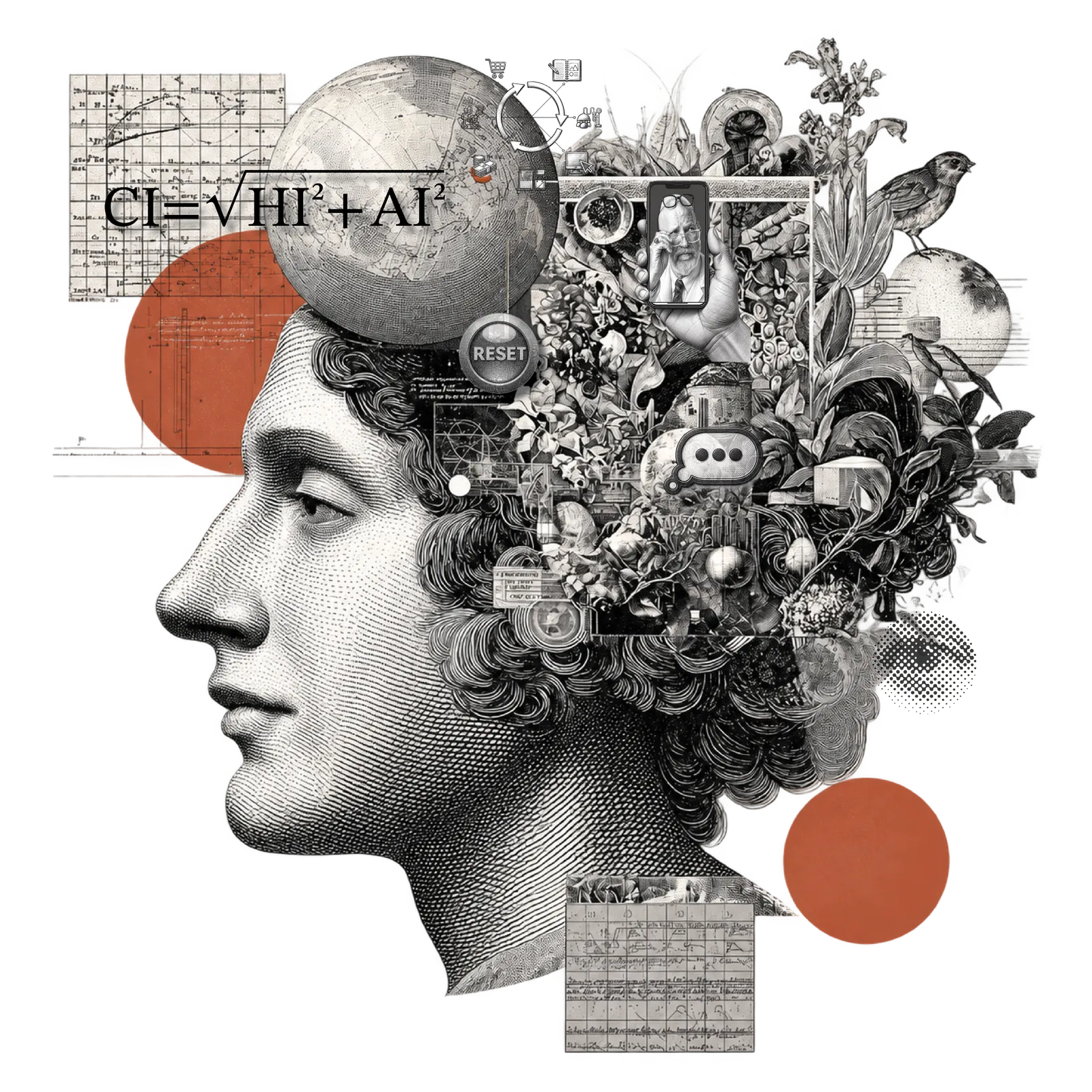Collage of a classical profile with the CI² formula, the square root of HI squared plus AI squared