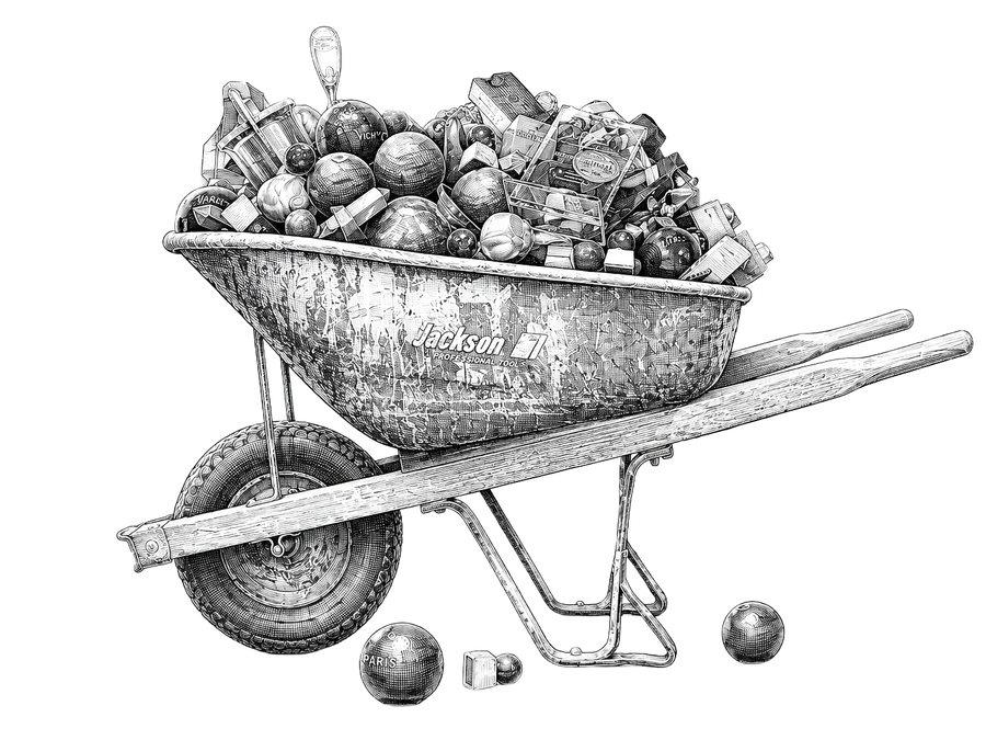 An engraved wheelbarrow heaped with award trophies