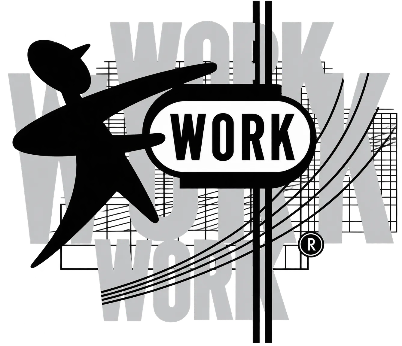 The WORK figure leaping past the WORK badge, over a wall of the word